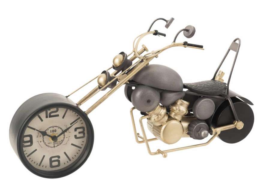 CLOCK MOTORCYCLE METAL ANTIQUE GREY/GOLD