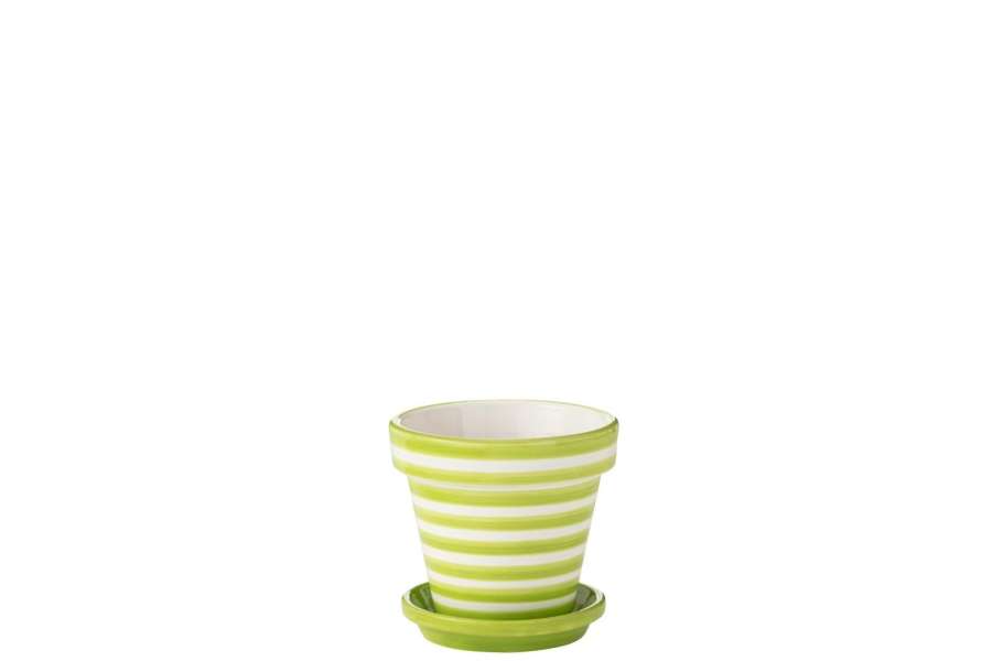 FLOWERPOT+PLATE GRANADA STRIPES HANDMADE/HANDPAINTED CERAMIC GREEN/WHITE SMALL