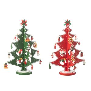 XMAS TREE+FIGURINES FOLDABLE WOOD RED/GREEN ASSORTMENT OF 2