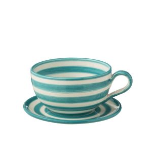 CUP+PLATE GRANADA STRIPES CERAMIC WHITE/AQUA