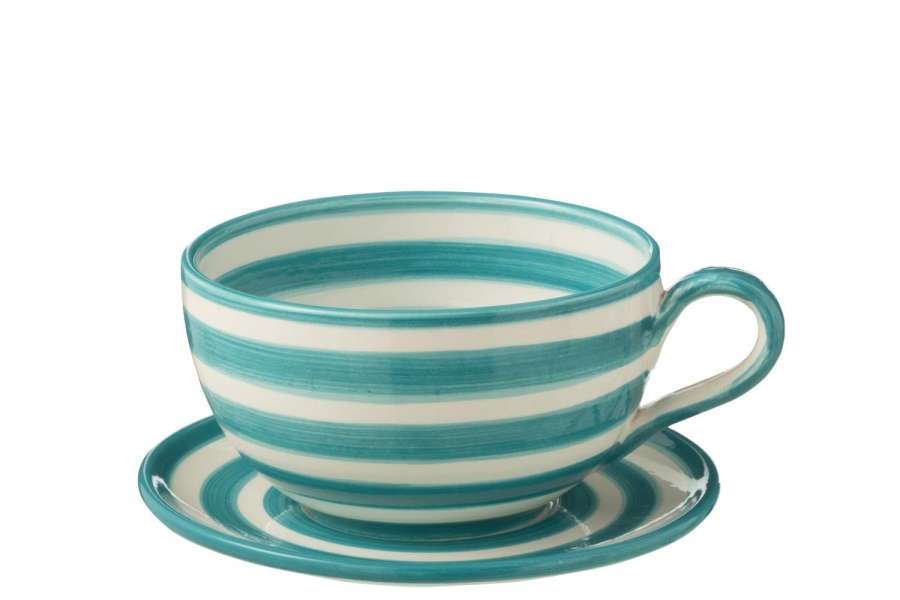 CUP+PLATE GRANADA STRIPES CERAMIC WHITE/AQUA