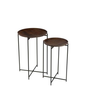SET OF 2 SIDE TABLES ROUND IRON/MANGO WOOD BROWN/BLACK
