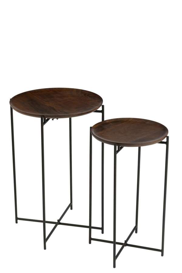 SET OF 2 SIDE TABLES ROUND IRON/MANGO WOOD BROWN/BLACK