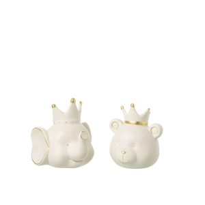 PIGGY BANK BEAR HEAD + CROWN PORCELAIN ECRU/GOLD COLORED SMALL ASSORTMENT OF 2