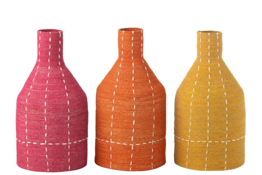 VASE BOTTLE DOTTED STRIPES SEAGRASS PINK/ORANGE/YELLOW ASSORTMENT OF 3