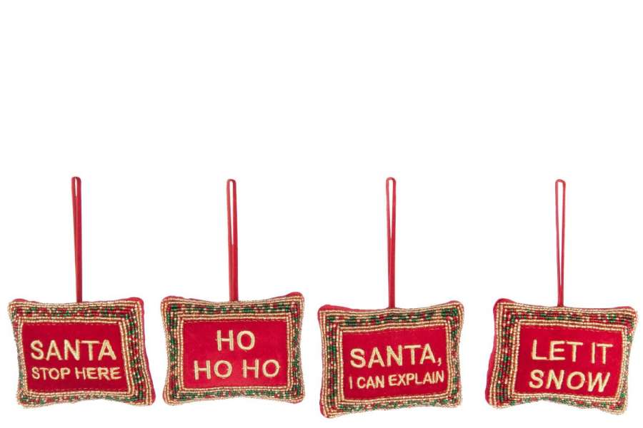 HANGER CHRISTMAS QUOTES BEADS/VELVET CHRISTMAS RED/GOLD COLORED ASSORTMENT OF 4