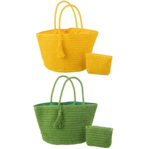 BEACH BAG+POUCH PAPER GREEN/YELLOW ASSORTMENT OF 2