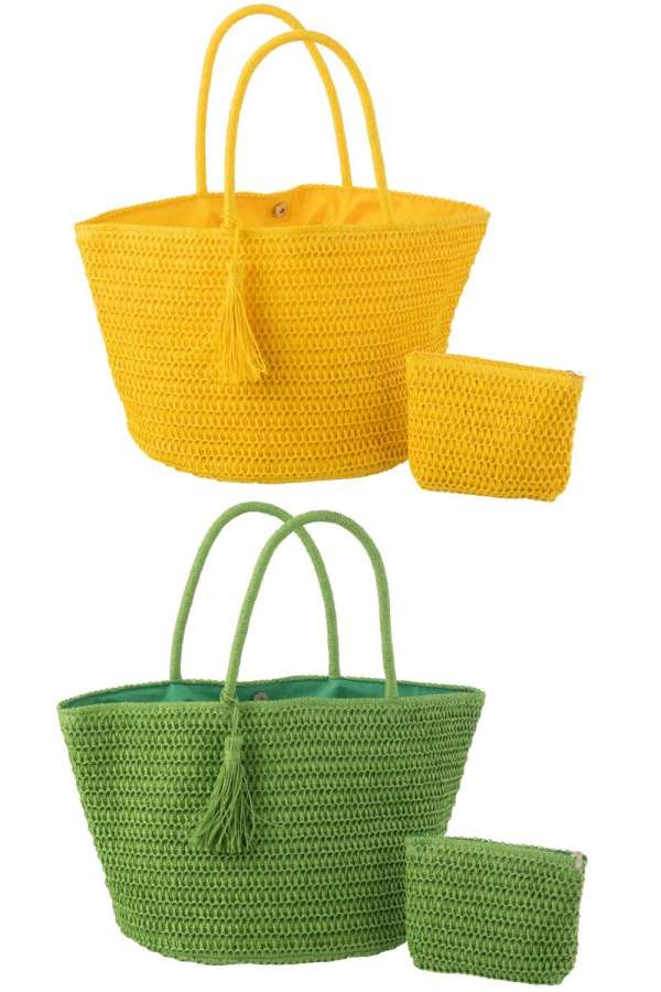 BEACH BAG+POUCH PAPER GREEN/YELLOW ASSORTMENT OF 2