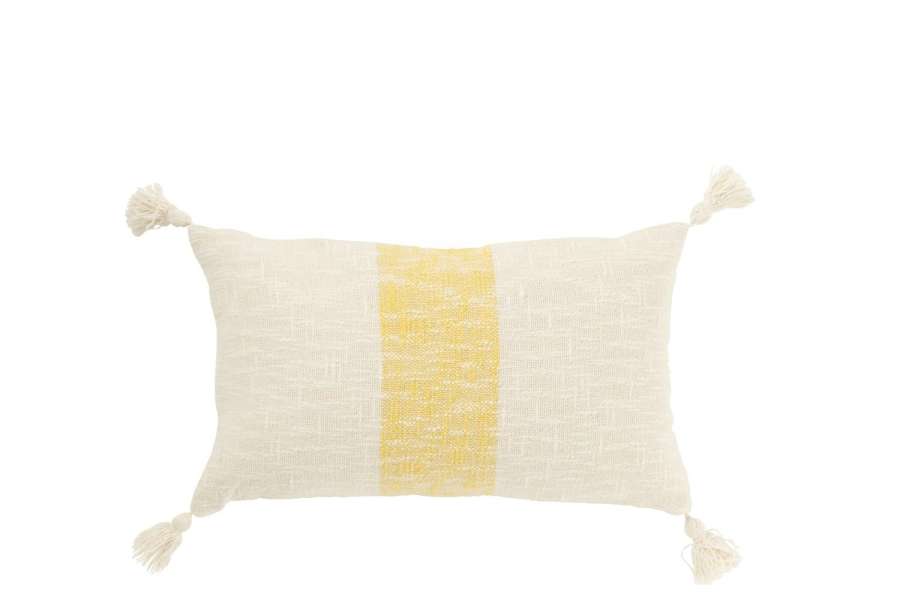 CUSHION RECTANGLE STRIPES+TASSELS COTTON WHITE/YELLOW