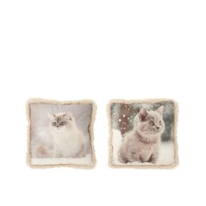 CUSHION CAT POLYESTER GREIGE/OFF-WHITE SMALL ASSORTMENT OF 2