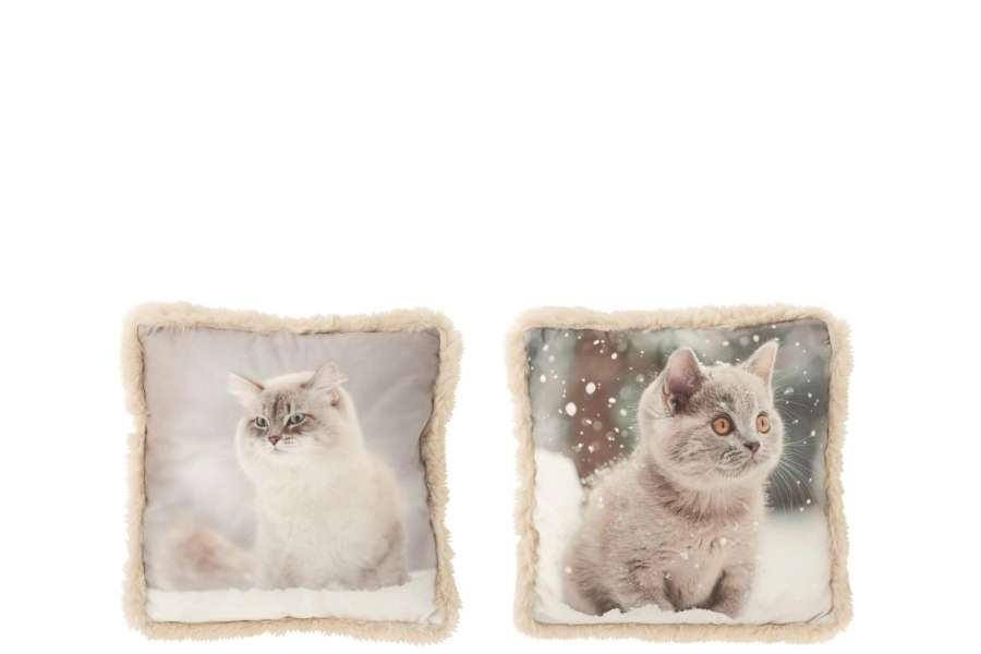 CUSHION CAT POLYESTER GREIGE/OFF-WHITE SMALL ASSORTMENT OF 2