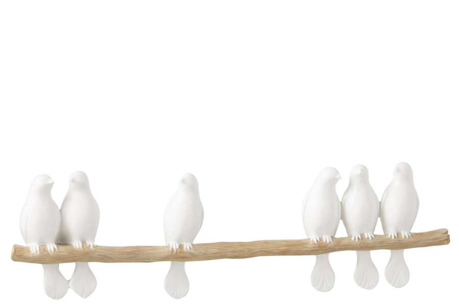 6 BIRDS ON BRANCH POLYRESIN WHITE/NATURAL