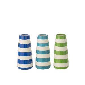 VASE STRIPED PORCELAIN GREEN/BLUE LARGE ASSORTMENT OF 3