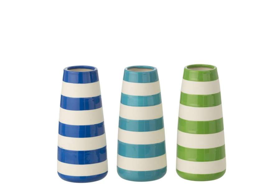 VASE STRIPED PORCELAIN GREEN/BLUE LARGE ASSORTMENT OF 3
