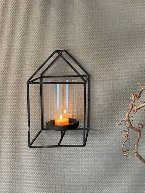 Lys hus i  metall m/glassholder - stor -15X27cm
