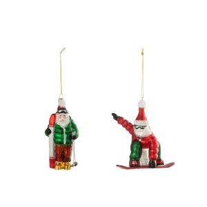 HANGER SANTA SKI/SNOWBOARD GLASS CHRISTMAS RED/DARK GREEN ASSORTMENT OF 2