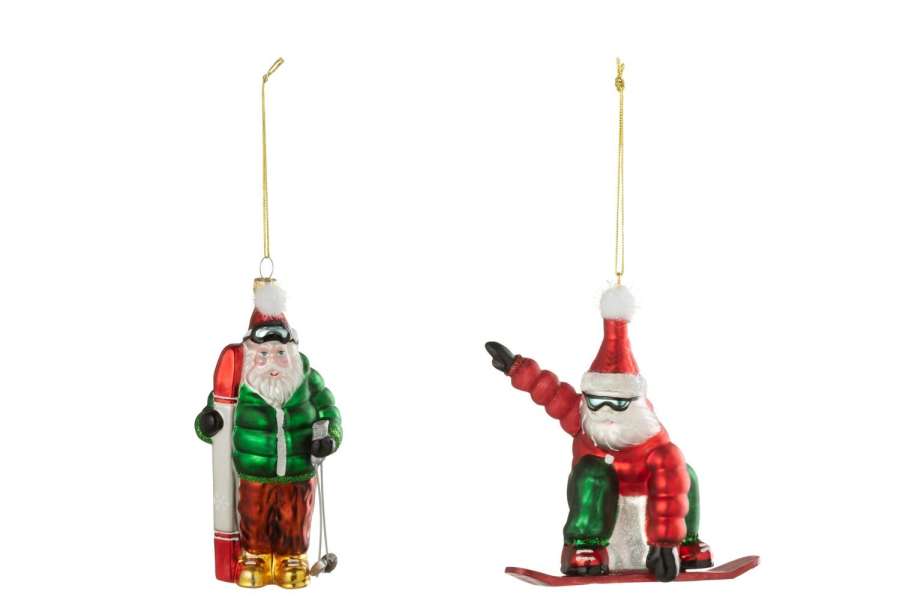 HANGER SANTA SKI/SNOWBOARD GLASS CHRISTMAS RED/DARK GREEN ASSORTMENT OF 2