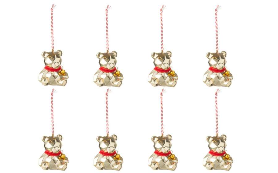 BOX OF 8 HANGER BEAR PLASTIC GOLD COLORED/CHRISTMAS RED