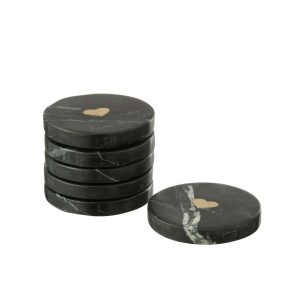 BOX OF 6 COASTER HEART MARBLE BLACK/GOLD COLORED