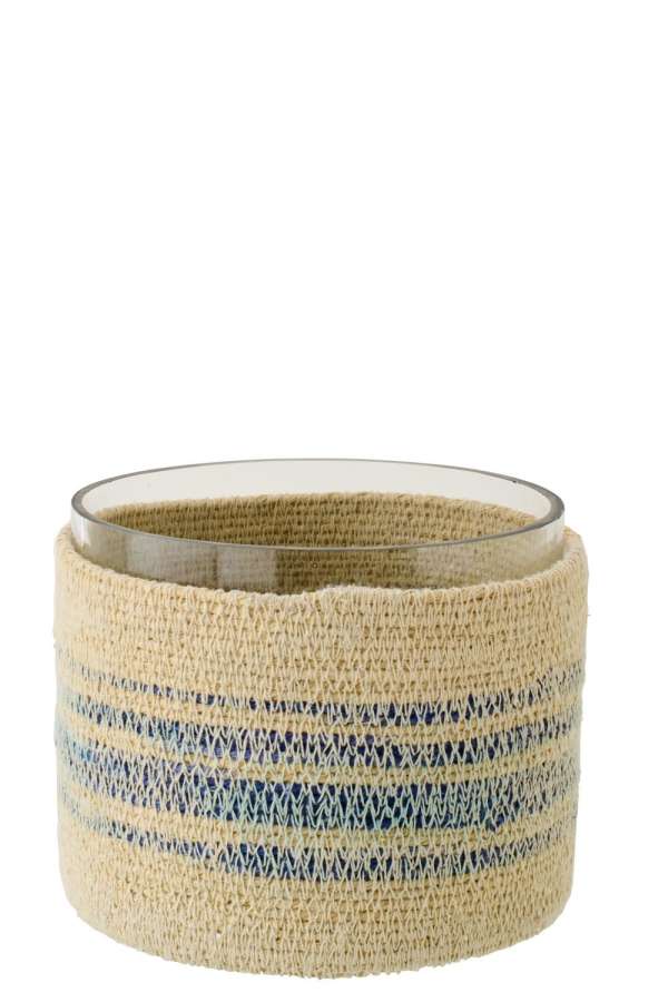 TEALIGHT HOLDER STRIPED SEAGRASS NATURAL/BLUE