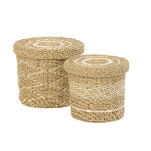 SET OF 2 BASKET +  LID STRIPED PAPER WHITE/NATURAL
