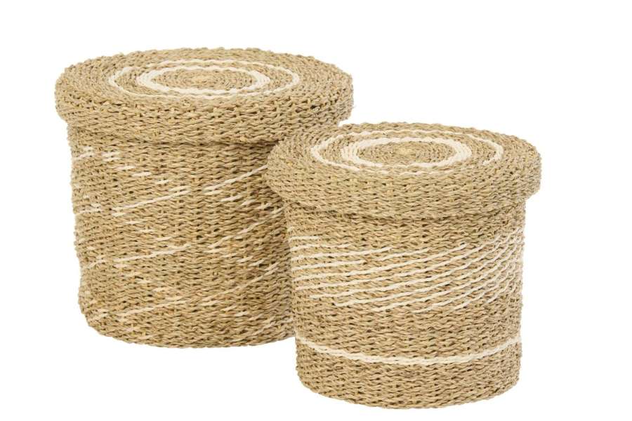 SET OF 2 BASKET +  LID STRIPED PAPER WHITE/NATURAL