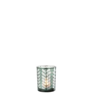 TEALICHT HOLDER HERRINGBONE GLASS GREEN/SILVER SMALL