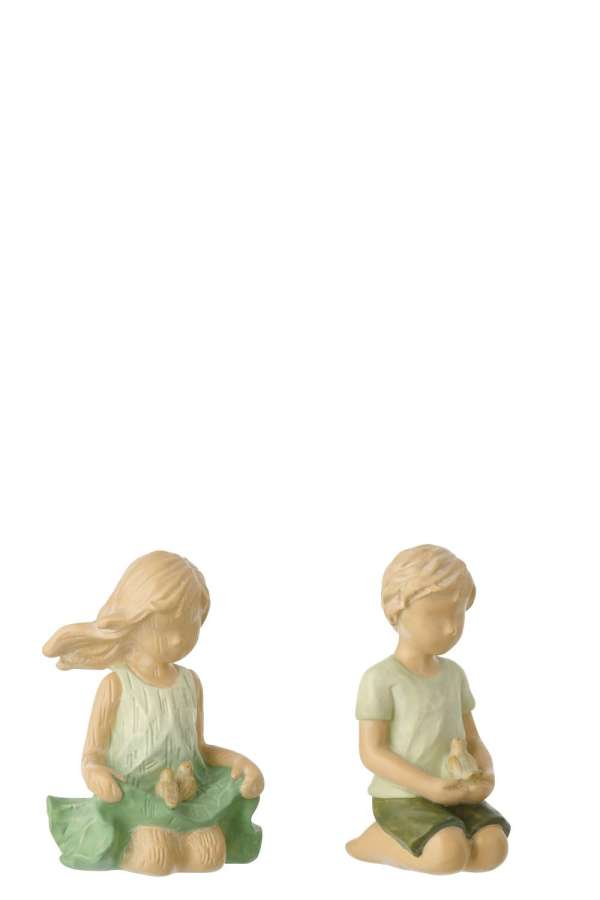 CHILDREN BOY/GIRL SITTING POLYRESIN GREEN/ECRU ASSORTMENT OF 2