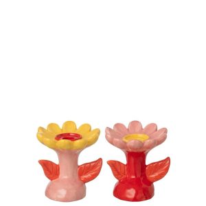 CANDLE HOLDER FLOWER STONEWARE MULTICOLORED ASSORTMENT OF 2