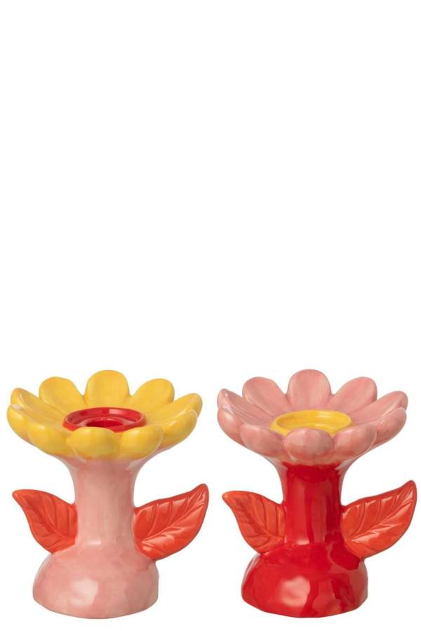 CANDLE HOLDER FLOWER STONEWARE MULTICOLORED ASSORTMENT OF 2