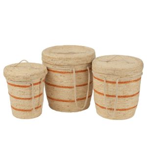 SET OF 3 BASKET STRIPES+LID CORN HUSK NATURAL/ORANGE