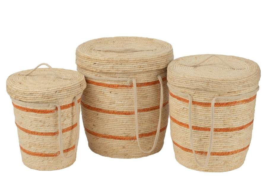 SET OF 3 BASKET STRIPES+LID CORN HUSK NATURAL/ORANGE