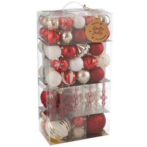BOX OF 80 CHRISTMAS BAUBLE PLASTIC CHRISTMAS RED/GOLD COLORED