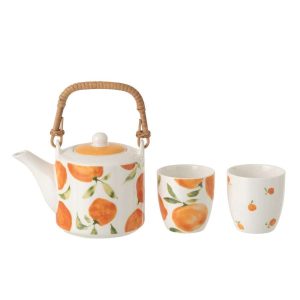 TEAPOT + CUPS ORANGE CERAMIC WHITE/ORANGE