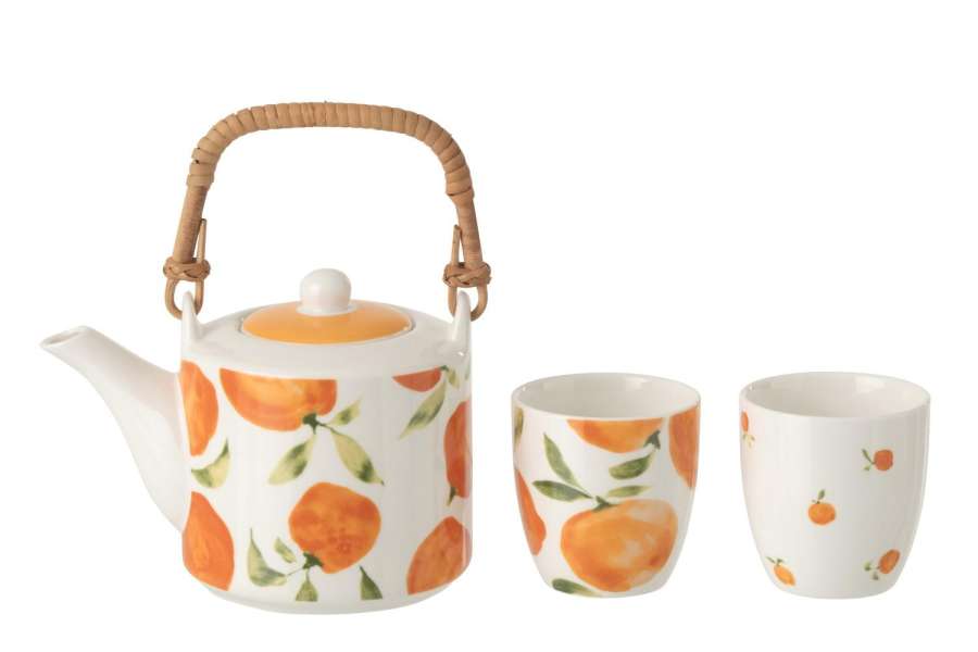 TEAPOT + CUPS ORANGE CERAMIC WHITE/ORANGE