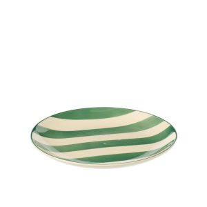 PLATE DESSERT STRIPED STONEWARE GREEN/WHITE