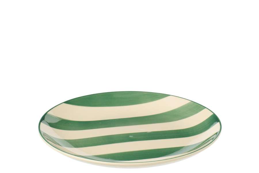 PLATE DESSERT STRIPED STONEWARE GREEN/WHITE