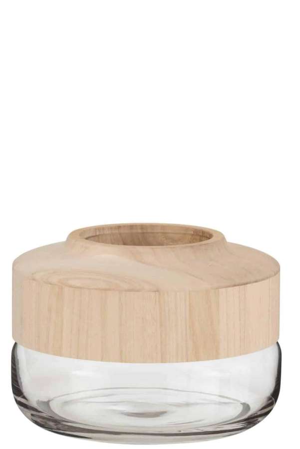 VASE WIDE LOW WOOD/GLASS LIGHT BROWN