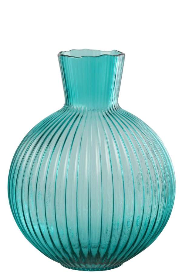 VASE BALL RIBBED GLASS TURQUOISE LARGE