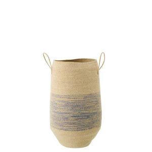 BASKET WITH HANDLE STRIPED SEAGRASS NATURAL/BLUE