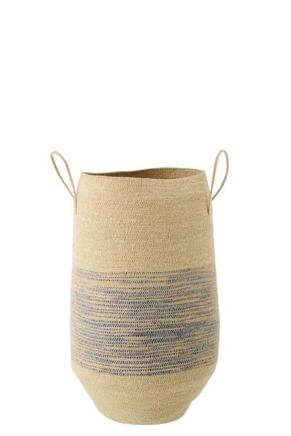 BASKET WITH HANDLE STRIPED SEAGRASS NATURAL/BLUE