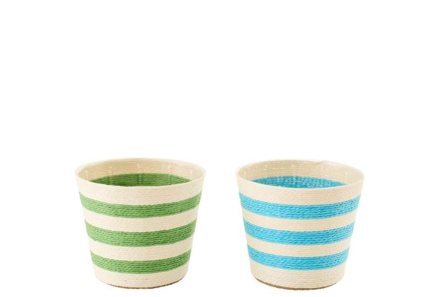 FLOWERPOT STRIPED PAPER AZURE BLUE/GREEN MEDIUM ASSORTMENT OF 2