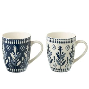 BOX OF 2 MUG LEAVES CERAMICS DARK BLUE