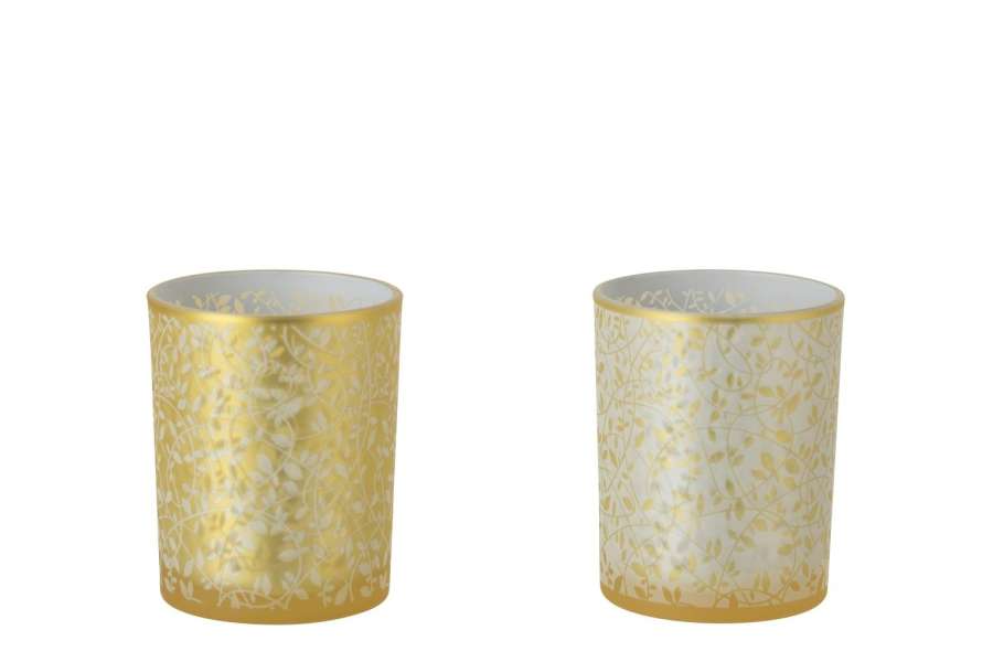 TEALIGHT HOLDER LEAFS GLASS GOLD COLORED/WHITE MEDIUM ASSORTMENT OF 2