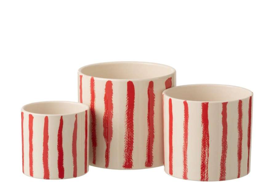 SET OF 3 FLOWERPOT STRIPED CERAMIC OFF-WHITE/RED