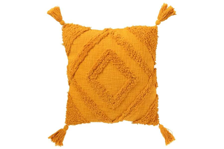 CUSHION TUFTED PATTERN+TASSELS COTTON OCHRE