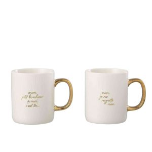 MUG MESSAGE BONHEUR PORCELAIN WHITE / GOLD ASSORTMENT OF 2