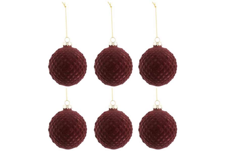 BOX OF 6 CHRISTMAS BAUBLES PATTERN VELVET GLASS BURGUNDY SMALL