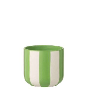 FLOWERPOT STRIPED CERAMIC GREEN/WHITE LARGE