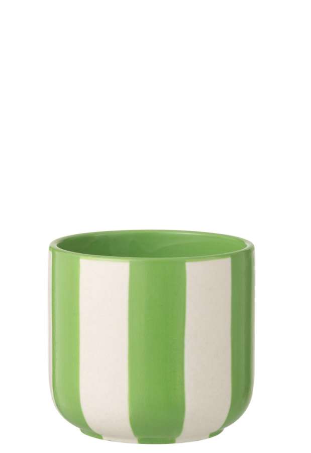 FLOWERPOT STRIPED CERAMIC GREEN/WHITE LARGE